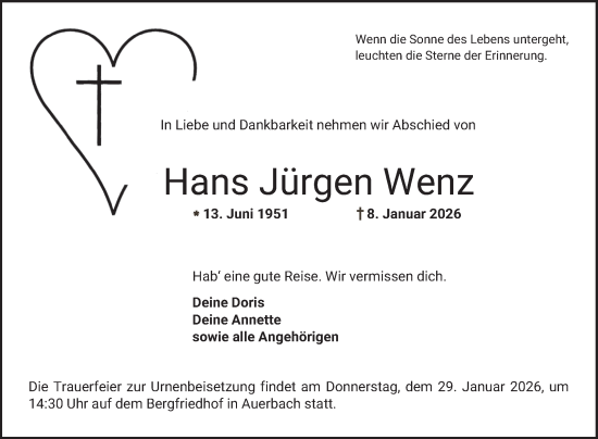 Traueranzeige von Hans Jürgen Wenz von Bergsträßer Anzeiger