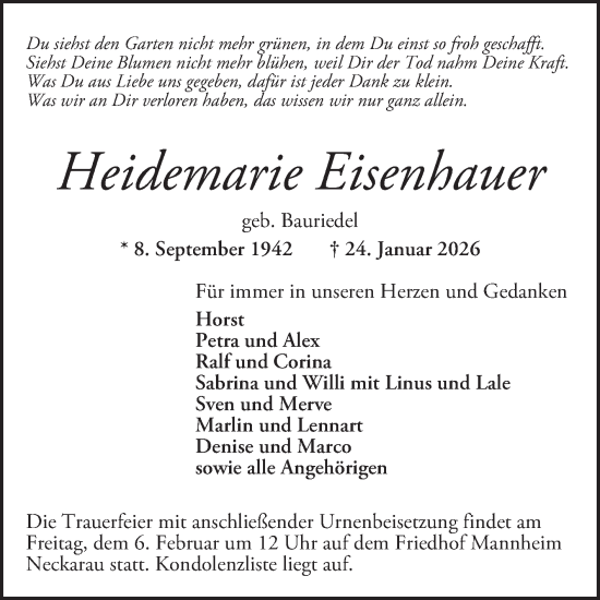 Traueranzeige von Heidemarie Eisenhauer von Mannheimer Morgen