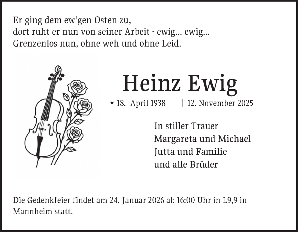  Traueranzeige für Heinz Ewig vom 09.01.2026 aus Mannheimer Morgen