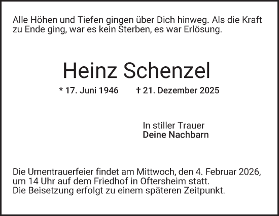 Traueranzeige von Heinz Schenzel von Schwetzinger Zeitung