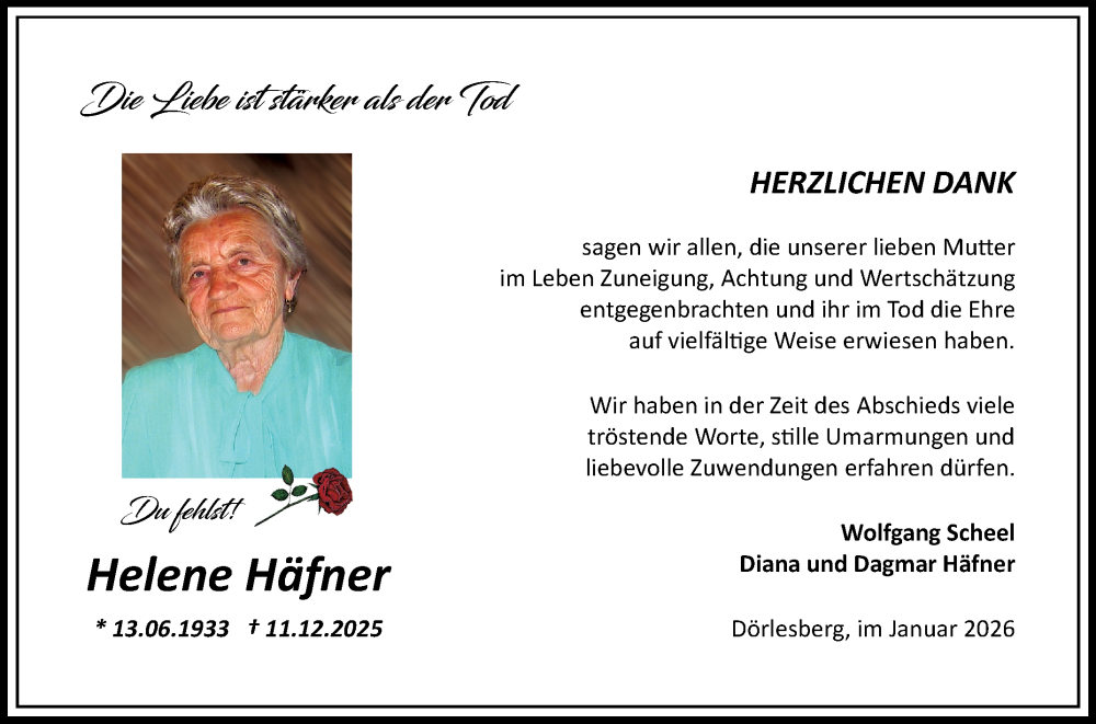  Traueranzeige für Helene Häfner vom 17.01.2026 aus Fränkische Nachrichten