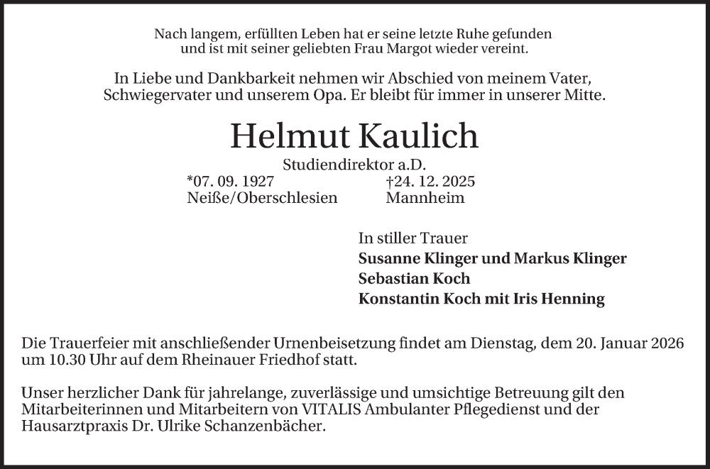  Traueranzeige für Helmut Kaulich vom 03.01.2026 aus Mannheimer Morgen