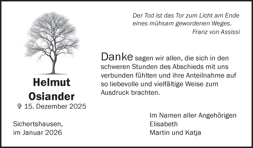  Traueranzeige für Helmut Osiander vom 24.01.2026 aus Fränkische Nachrichten