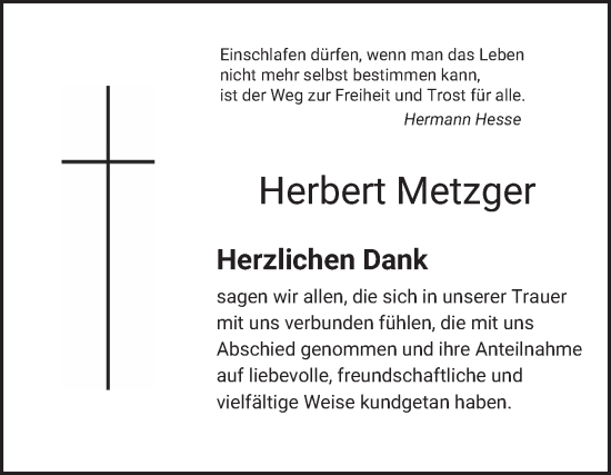Traueranzeige von Herbert Metzger von Schwetzinger Zeitung