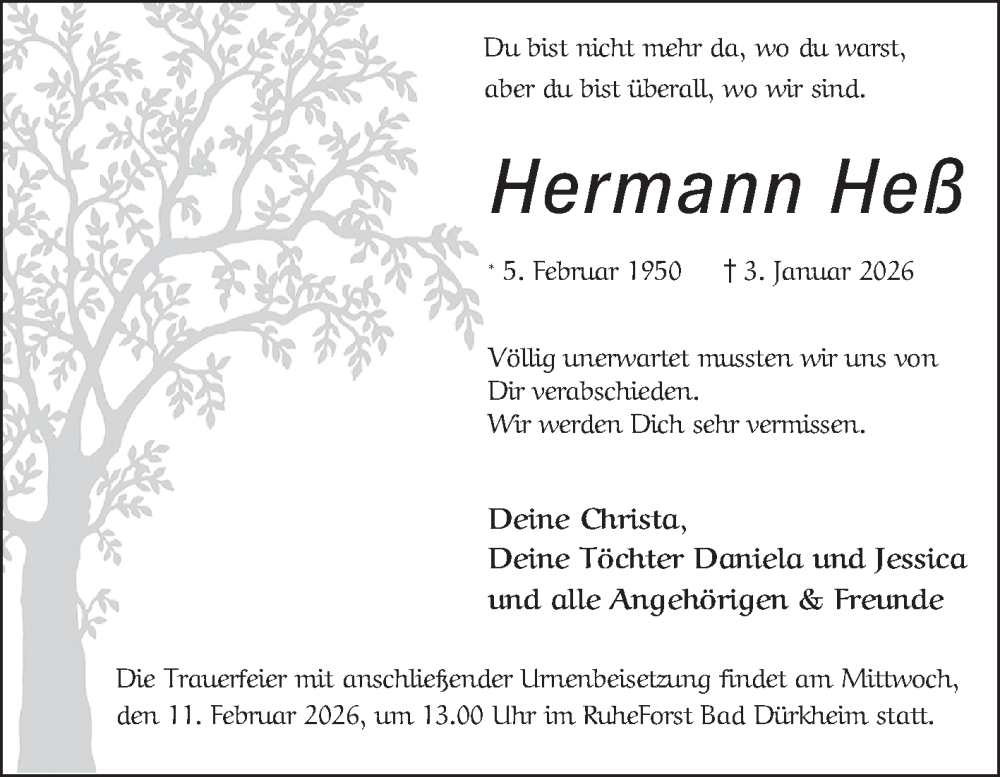  Traueranzeige für Hermann Heß vom 24.01.2026 aus Schwetzinger Zeitung