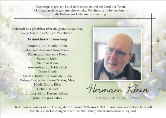 Traueranzeige von Hermann Klein von Fränkische Nachrichten
