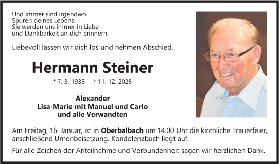Traueranzeige von Hermann Steiner von Fränkische Nachrichten