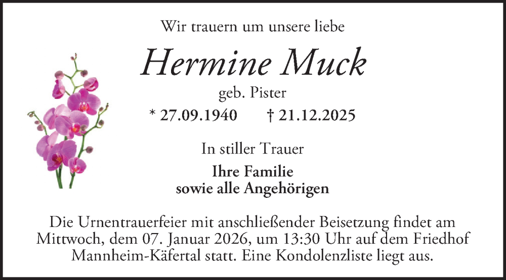 Traueranzeige für Hermine Muck vom 03.01.2026 aus Mannheimer Morgen