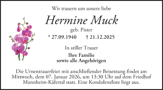 Traueranzeige von Hermine Muck von Mannheimer Morgen