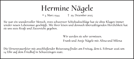 Traueranzeige von Hermine Nägele von Schwetzinger Zeitung