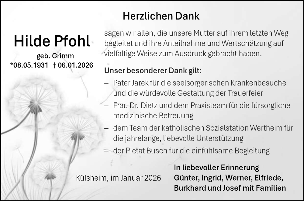  Traueranzeige für Hilde Pfohl vom 24.01.2026 aus Fränkische Nachrichten