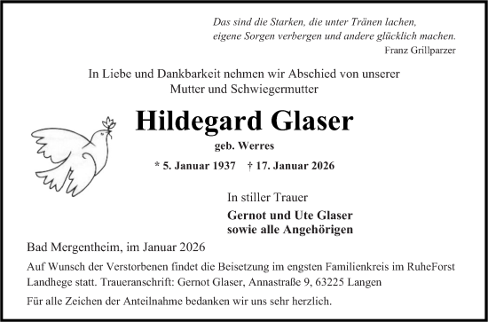 Traueranzeige von Hildegard Glaser von Fränkische Nachrichten
