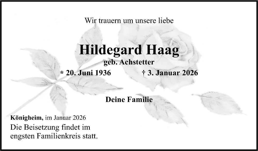  Traueranzeige für Hildegard Haag vom 10.01.2026 aus Fränkische Nachrichten