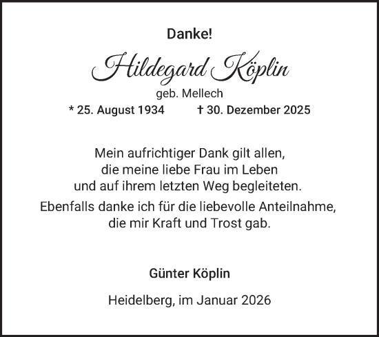 Traueranzeige von Hildegard Köplin von Schwetzinger Zeitung