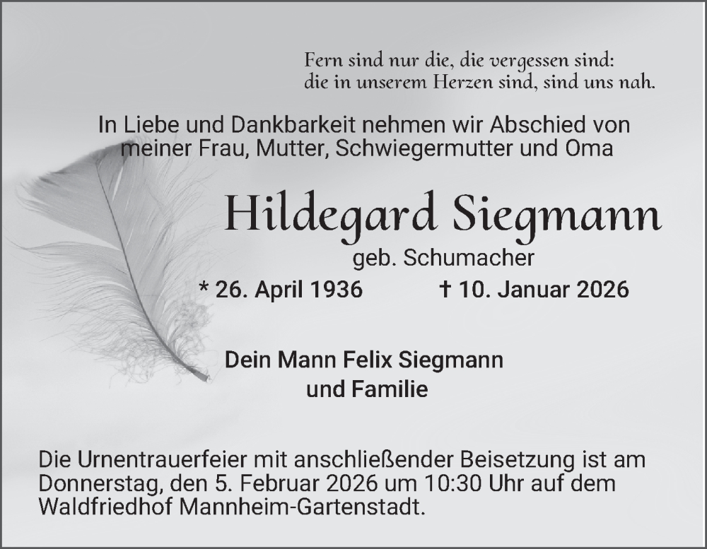  Traueranzeige für Hildegard Siegmann vom 31.01.2026 aus Mannheimer Morgen