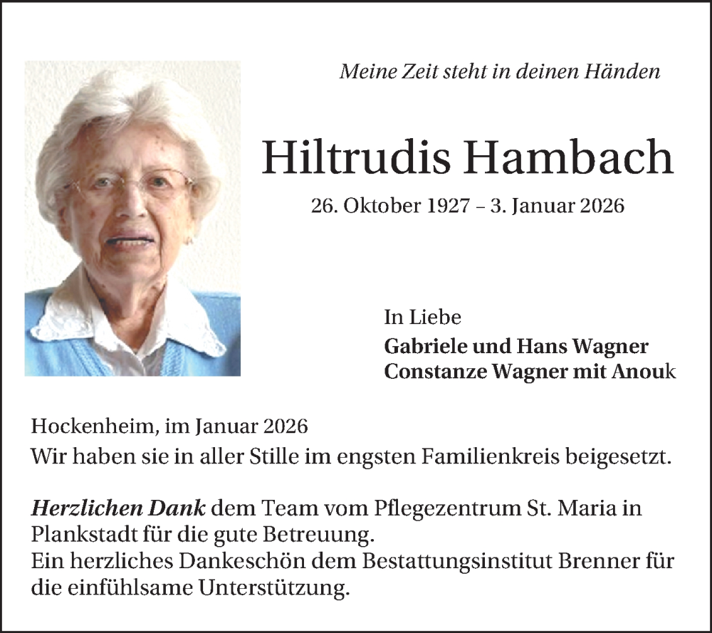  Traueranzeige für Hiltrudis Hambach vom 24.01.2026 aus Schwetzinger Zeitung