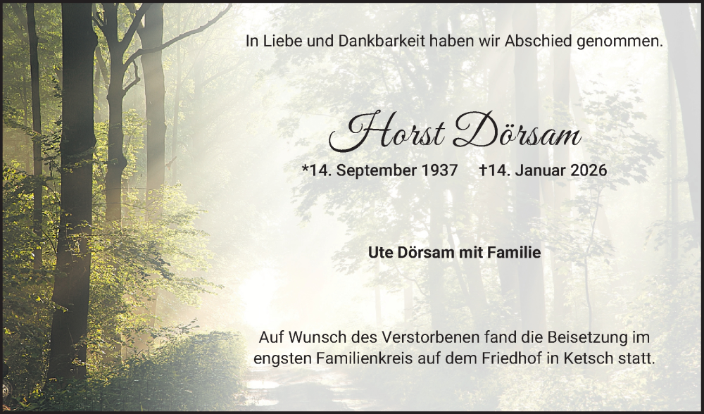  Traueranzeige für Horst Dörsam vom 31.01.2026 aus Schwetzinger Zeitung