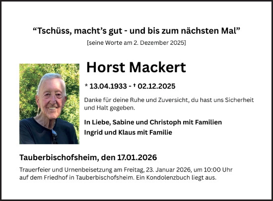 Traueranzeige von Horst Mackert von Fränkische Nachrichten