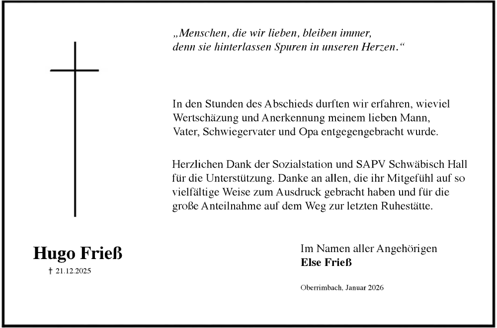  Traueranzeige für Hugo Frieß vom 21.01.2026 aus Fränkische Nachrichten
