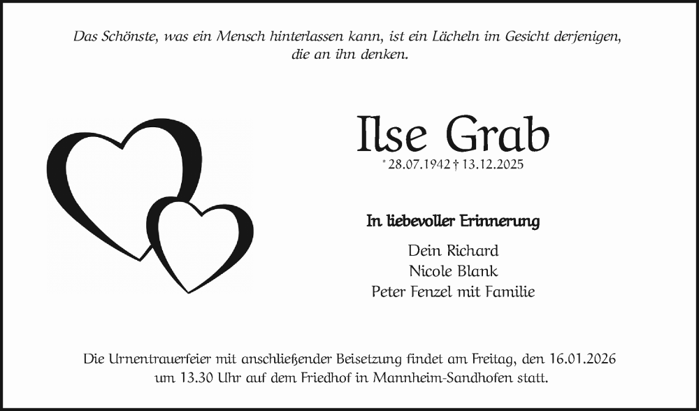  Traueranzeige für Ilse Grab vom 10.01.2026 aus Mannheimer Morgen