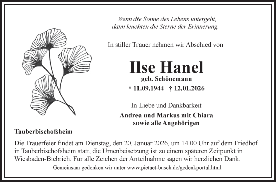 Traueranzeige von Ilse Hanel von Fränkische Nachrichten