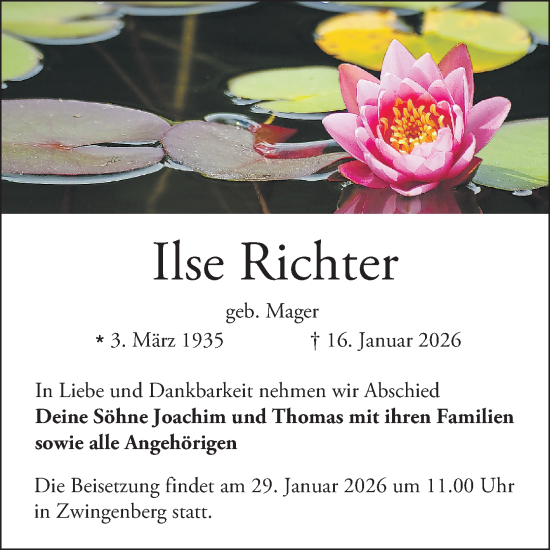Traueranzeige von Ilse Richter von Bergsträßer Anzeiger