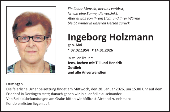 Traueranzeige von Ingeborg Holzmann von Fränkische Nachrichten
