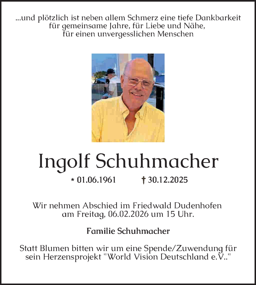  Traueranzeige für Ingolf Schuhmacher vom 31.01.2026 aus Schwetzinger Zeitung
