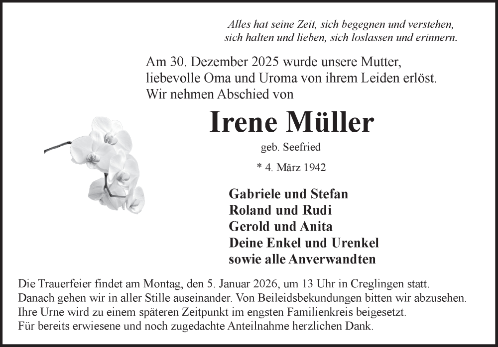  Traueranzeige für Irene Müller vom 02.01.2026 aus Fränkische Nachrichten