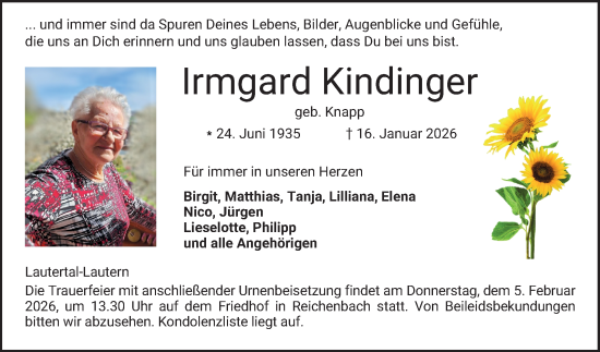Traueranzeige von Irmgard Kindinger von Bergsträßer Anzeiger