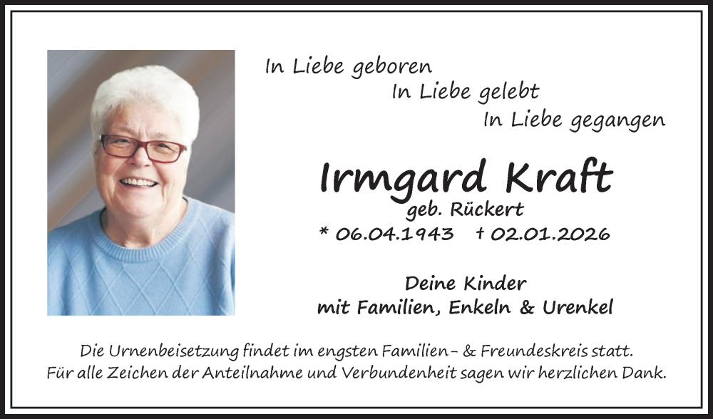  Traueranzeige für Irmgard Kraft vom 31.01.2026 aus Fränkische Nachrichten