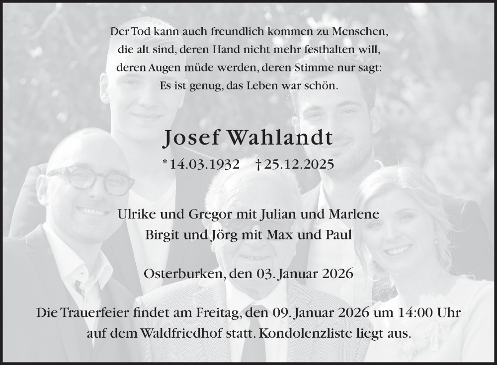  Traueranzeige für Josef Wahlandt vom 03.01.2026 aus Fränkische Nachrichten