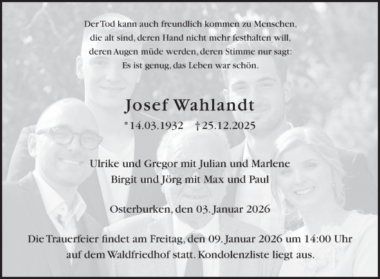 Traueranzeige von Josef Wahlandt von Fränkische Nachrichten