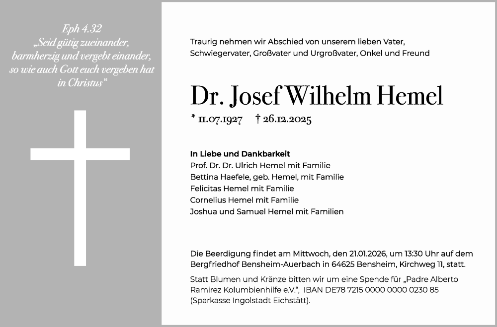 Traueranzeige für Josef Wilhelm Hemel vom 13.01.2026 aus Mannheimer Morgen