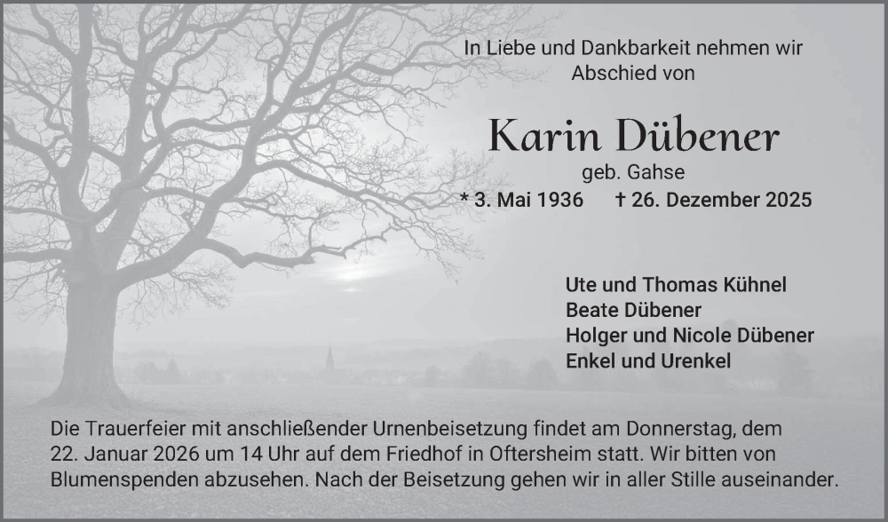  Traueranzeige für Karin Dübener vom 17.01.2026 aus Schwetzinger Zeitung