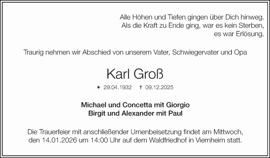 Traueranzeige von Karl Groß von Mannheimer Morgen