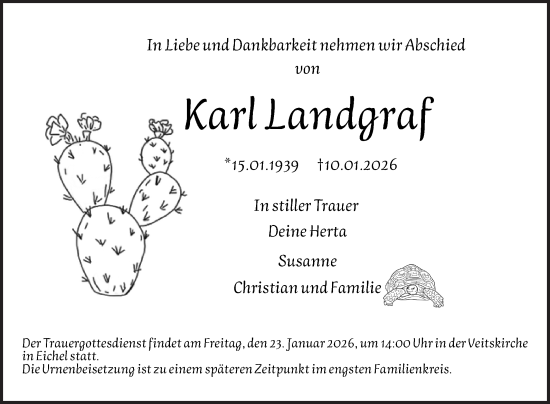 Traueranzeige von Karl Landgraf von Fränkische Nachrichten