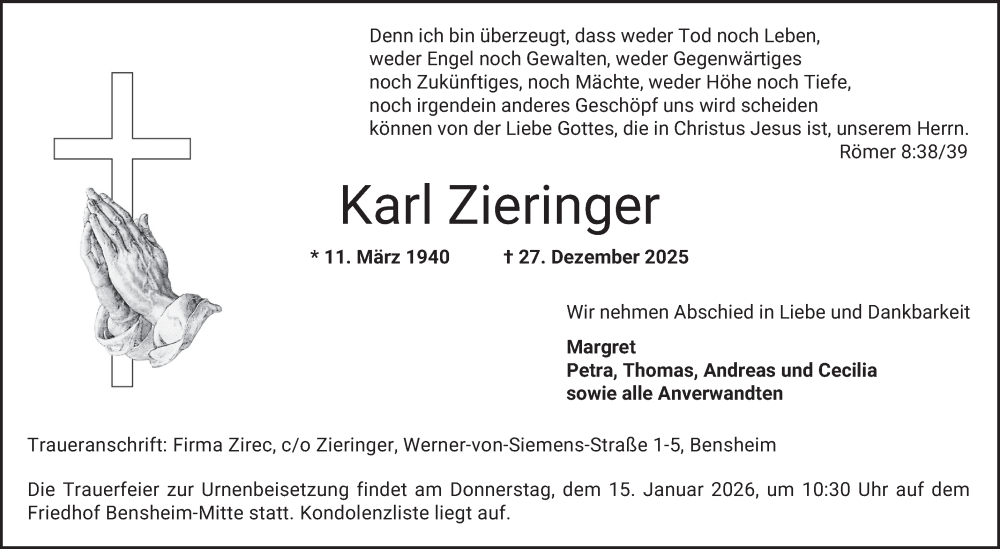  Traueranzeige für Karl Zieringer vom 10.01.2026 aus Bergsträßer Anzeiger