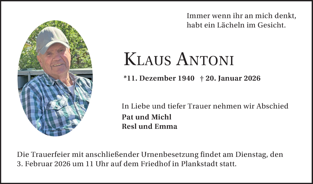  Traueranzeige für Klaus Antoni vom 31.01.2026 aus Schwetzinger Zeitung