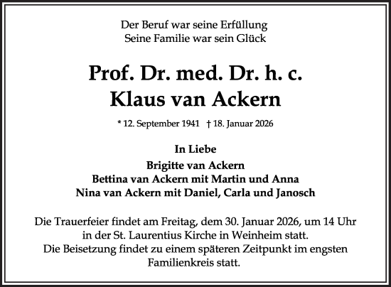 Traueranzeige von Klaus van Ackern von Mannheimer Morgen