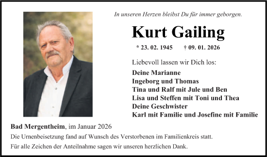 Traueranzeige von Kurt Gailing von Fränkische Nachrichten