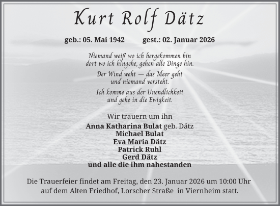 Traueranzeige von Kurt Rolf Dätz von Mannheimer Morgen