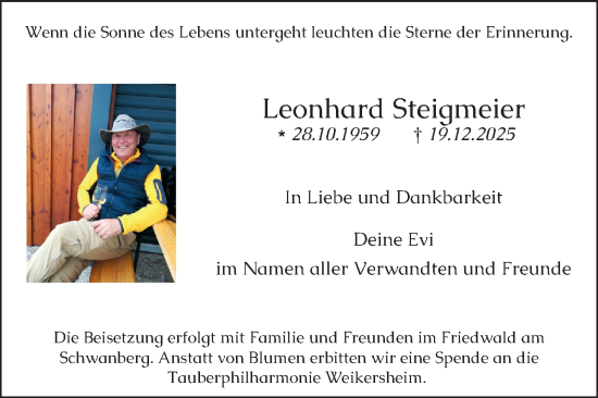 Traueranzeige von Leonhard Steigmeier von Fränkische Nachrichten