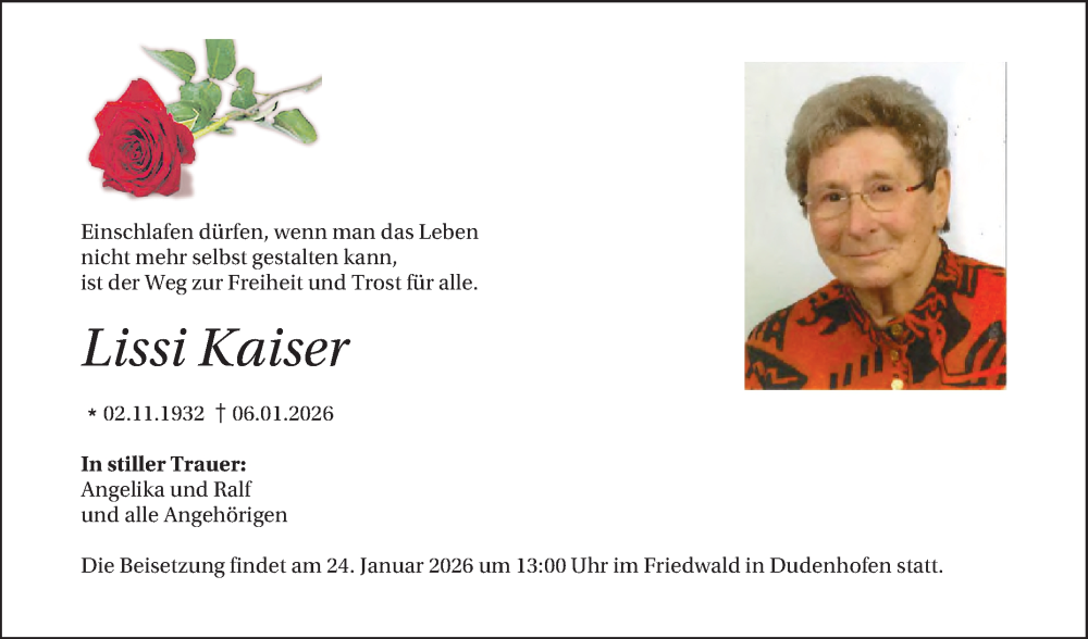  Traueranzeige für Lissi Kaiser vom 20.01.2026 aus Schwetzinger Zeitung