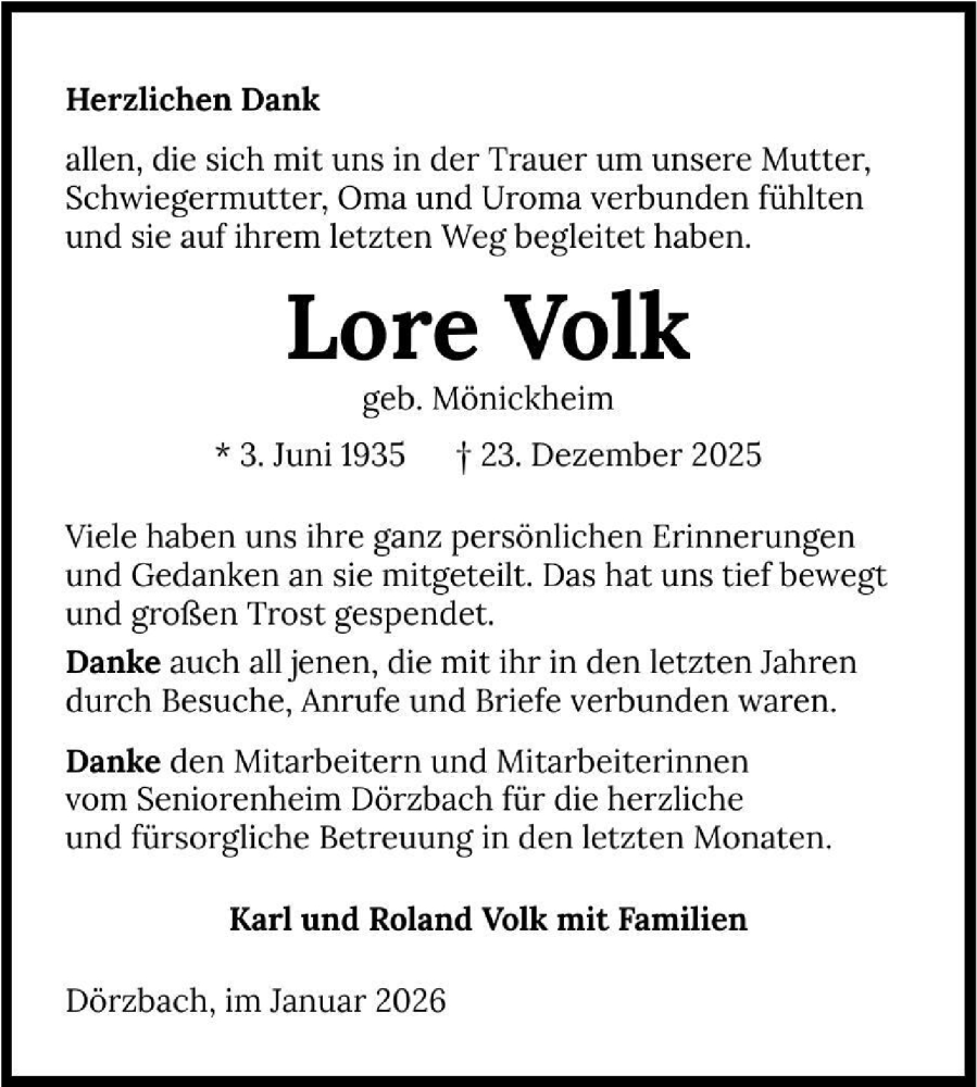  Traueranzeige für Lore Volk vom 24.01.2026 aus Fränkische Nachrichten