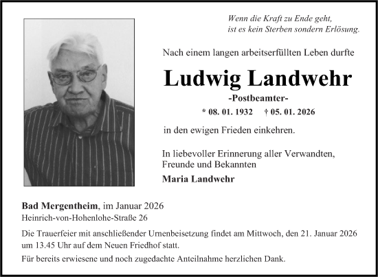 Traueranzeige von Ludwig Landwehr von Fränkische Nachrichten