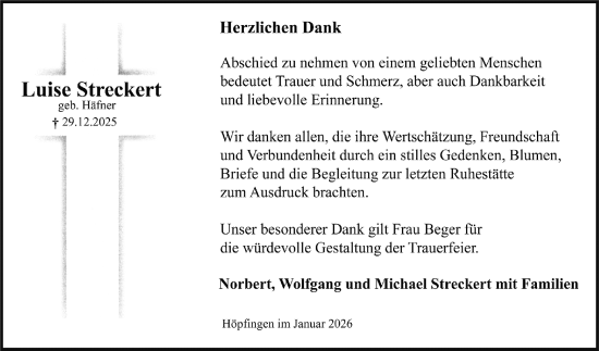 Traueranzeige von Luise Streckert von Fränkische Nachrichten