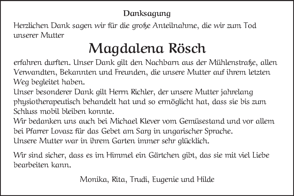  Traueranzeige für Magdalena Rösch vom 31.01.2026 aus Schwetzinger Zeitung