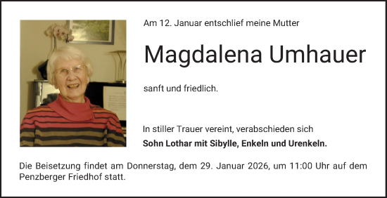Traueranzeige von Magdalena Umhauer von Bergsträßer Anzeiger