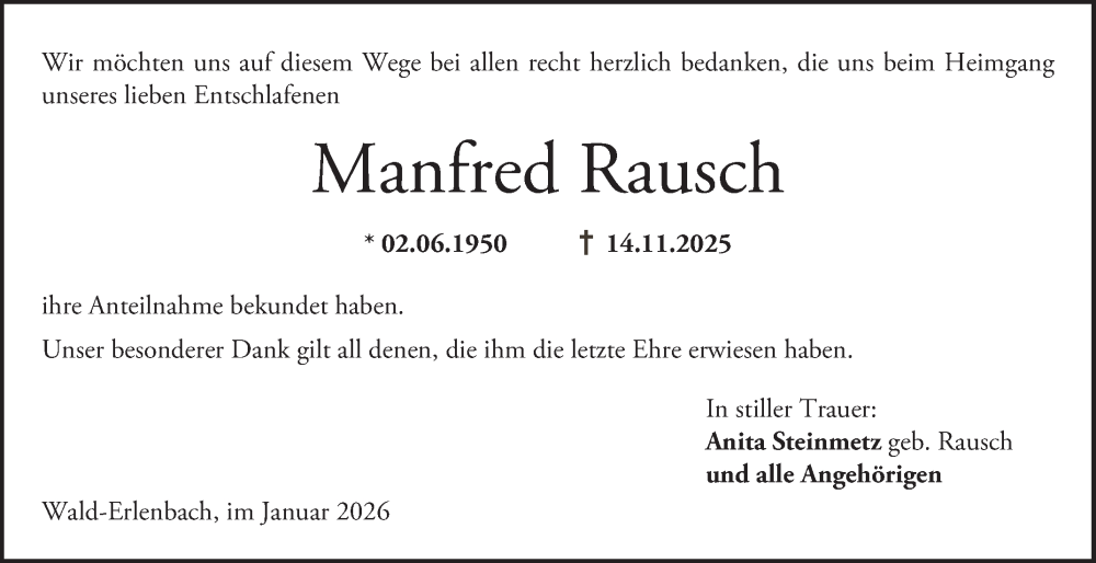  Traueranzeige für Manfred Rausch vom 17.01.2026 aus Bergsträßer Anzeiger